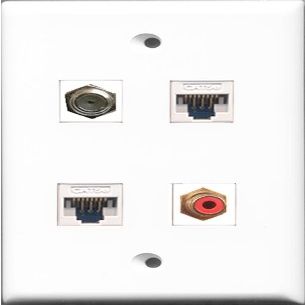 RiteAV 1 Port RCA Red and 1 Port Coax Cable TV- F-Type 2 Port Cat5e Ethernet White Wall Plate