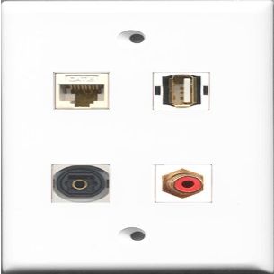 RiteAV 1 Port RCA Red and 1 Port USB A-A and 1 Port Toslink and 1 Port Cat6 Ethernet White Wall Plate