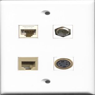 RiteAV 1 Port Coax Cable TV- F-Type and 1 Port Phone RJ11 RJ12 Beige and 1 Port S-Video and 1 Port Cat6 Ethernet White Wall Plate