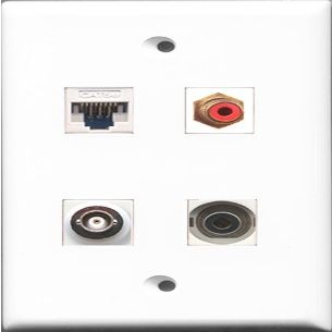 RiteAV 1 Port RCA Red and 1 Port 3.5mm and 1 Port BNC and 1 Port Cat5e Ethernet White Wall Plate