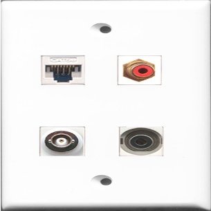 RiteAV 1 Port RCA Red and 1 Port 3.5mm and 1 Port BNC and 1 Port Cat5e Ethernet White Wall Plate