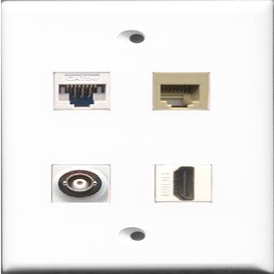RiteAV 1 Port HDMI and 1 Port Phone RJ11 RJ12 Beige and 1 Port BNC and 1 Port Cat5e Ethernet White Wall Plate