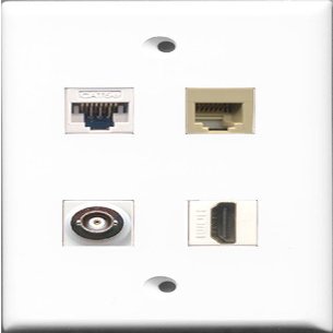 RiteAV 1 Port HDMI and 1 Port Phone RJ11 RJ12 Beige and 1 Port BNC and 1 Port Cat5e Ethernet White Wall Plate