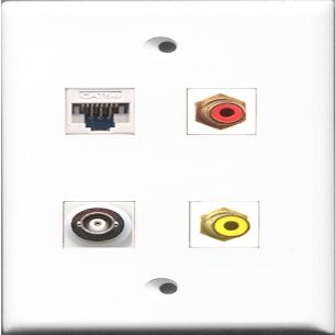 RiteAV 1 Port RCA Red and 1 Port RCA Yellow and 1 Port BNC and 1 Port Cat5e Ethernet White Wall Plate