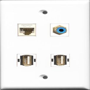 RiteAV 1 Port RCA Blue 2 Port USB A-A and 1 Port Cat6 Ethernet White Wall Plate