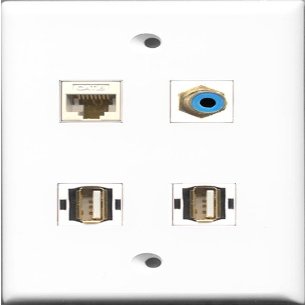 RiteAV 1 Port RCA Blue 2 Port USB A-A and 1 Port Cat6 Ethernet White Wall Plate