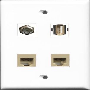 RiteAV 1 Port Coax Cable TV- F-Type and 1 Port USB A-A 2 Port Phone RJ11 RJ12 Beige Wall Plate