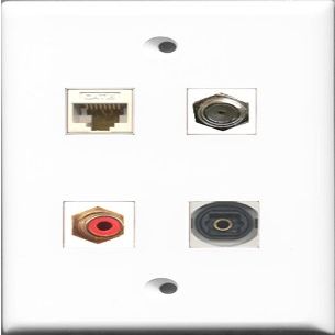 RiteAV 1 Port RCA Red and 1 Port Coax Cable TV- F-Type and 1 Port Toslink and 1 Port Cat6 Ethernet White Wall Plate
