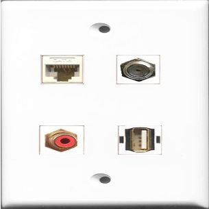 RiteAV 1 Port RCA Red and 1 Port Coax Cable TV- F-Type and 1 Port USB A-A and 1 Port Cat6 Ethernet White Wall Plate
