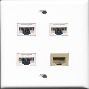 RiteAV - 1 Port Phone RJ11 RJ12 Beige 3 Port Cat5e Ethernet White Wall Plate