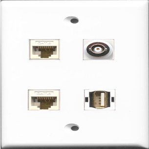 RiteAV 1 Port USB A-A and 1 Port BNC 2 Port Cat6 Ethernet White Wall Plate