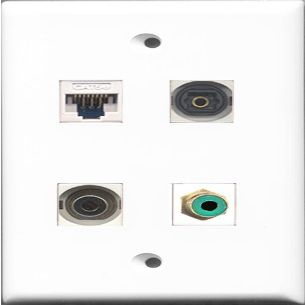 RiteAV 1 Port RCA Green and 1 Port Toslink and 1 Port 3.5mm and 1 Port Cat5e Ethernet White Wall Plate