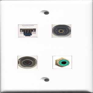 RiteAV 1 Port RCA Green and 1 Port Toslink and 1 Port 3.5mm and 1 Port Cat5e Ethernet White Wall Plate
