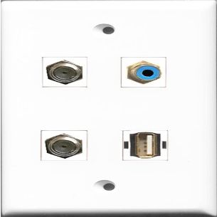 RiteAV 1 Port RCA Blue 2 Port Coax Cable TV- F-Type and 1 Port USB A-A Wall Plate