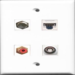 RiteAV 1 Port RCA Red and 1 Port Coax Cable TV- F-Type and 1 Port BNC and 1 Port Cat5e Ethernet White Wall Plate