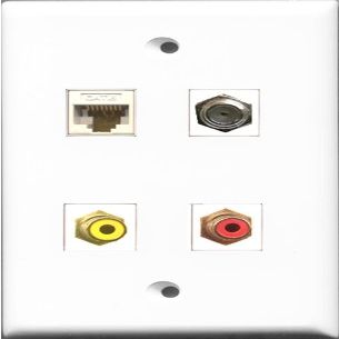 RiteAV 1 Port RCA Red and 1 Port RCA Yellow and 1 Port Coax Cable TV- F-Type and 1 Port Cat6 Ethernet White Wall Plate