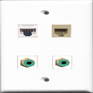 RiteAV - 2 Port RCA Green and 1 Port Phone RJ11 RJ12 Beige and 1 Port Cat5e Ethernet White Wall Plate