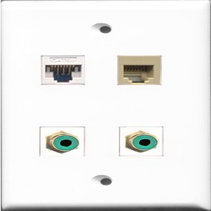 RiteAV - 2 Port RCA Green and 1 Port Phone RJ11 RJ12 Beige and 1 Port Cat5e Ethernet White Wall Plate