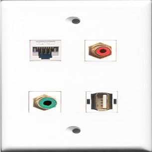 RiteAV 1 Port RCA Red and 1 Port RCA Green and 1 Port USB A-A and 1 Port Cat5e Ethernet White Wall Plate
