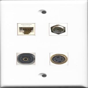 RiteAV 1 Port Coax Cable TV- F-Type and 1 Port S-Video and 1 Port Toslink and 1 Port Cat6 Ethernet White Wall Plate
