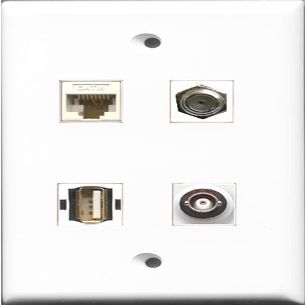 RiteAV 1 Port Coax Cable TV- F-Type and 1 Port USB A-A and 1 Port BNC and 1 Port Cat6 Ethernet White Wall Plate