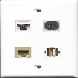 RiteAV 1 Port USB A-A and 1 Port Phone RJ11 RJ12 Beige and 1 Port Toslink and 1 Port Cat5e Ethernet White Wall Plate