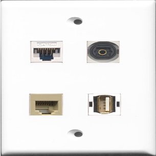RiteAV 1 Port USB A-A and 1 Port Phone RJ11 RJ12 Beige and 1 Port Toslink and 1 Port Cat5e Ethernet White Wall Plate