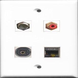RiteAV 1 Port RCA Red and 1 Port Coax Cable TV- F-Type and 1 Port Shielded Cat6 Ethernet and 1 Port Toslink Wall Plate