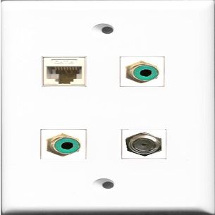 RiteAV - 2 Port RCA Green and 1 Port Coax Cable TV- F-Type and 1 Port Cat6 Ethernet White Wall Plate