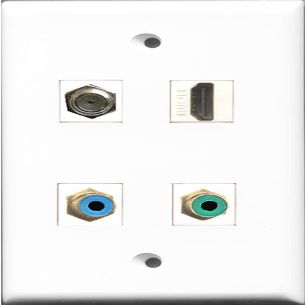 RiteAV 1 Port HDMI and 1 Port RCA Green and 1 Port RCA Blue and 1 Port Coax Cable TV- F-Type Wall Plate