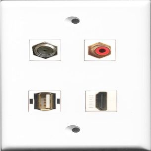 RiteAV 1 Port HDMI and 1 Port RCA Red and 1 Port Coax Cable TV- F-Type and 1 Port USB A-A Wall Plate
