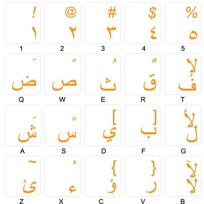 Arabic Keyboard Decals ON Transparent Background with Blue, Black, Green, Orange, RED, White OR Yellow Lettering (Orange)