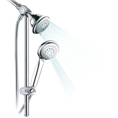 DreamSpa 3-way Shower Combo PLUS Instant-Mount Drill-Free Slide Bar - Enjoy Overhead & Handheld Shower Head with Height/Angle Adjustable Bracket and Stainless Steel Hose for Ultimate Convenience!