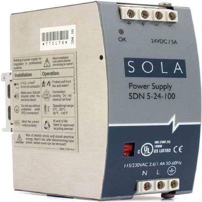 Sola/Hevi-Duty SDN5-24-100P DC Power Supply, 24 VDC, 5 Amp, 47-63 Hz