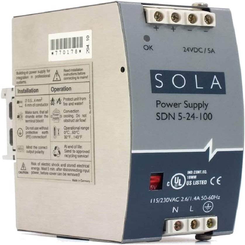 Sola/Hevi-Duty SDN5-24-100P DC Power Supply, 24 VDC, 5 Amp, 47-63 Hz