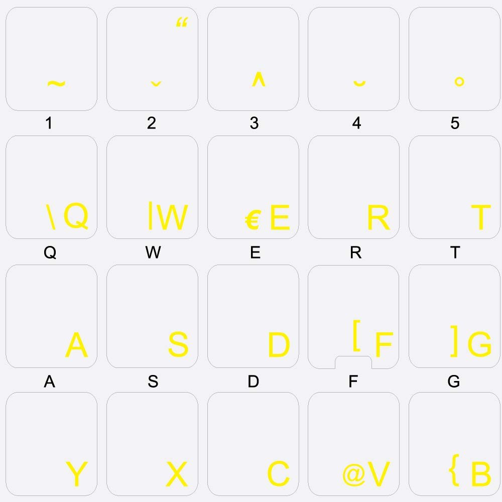 Slovenian/Croatian Keyboard Decals ON Transparent Background with RED OR Yellow Lettering (Yellow)