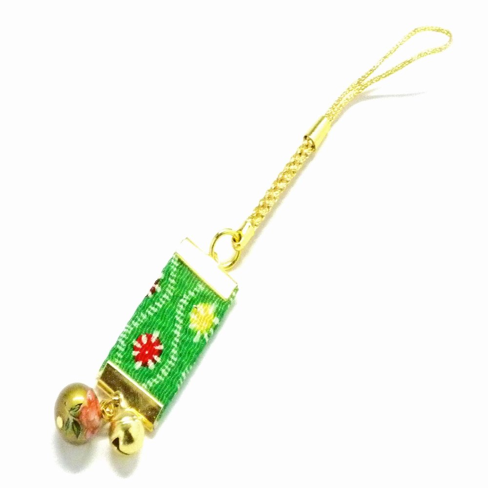 Kutani japanese porcelainstrapwith cellphone, Phone Cases, Keys, Cameras kaga yuzen style green attached small bell