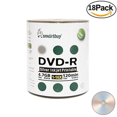 Smartbuy 4.7gb/120min 16x DVD-R Silver Inkjet Hub Printable Blank Media Data Record Disc (1800-Disc)