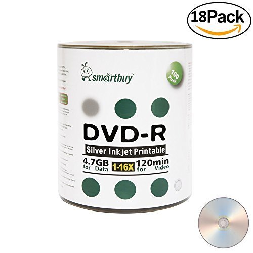 Smartbuy 4.7gb/120min 16x DVD-R Silver Inkjet Hub Printable Blank Media Data Record Disc (1800-Disc)
