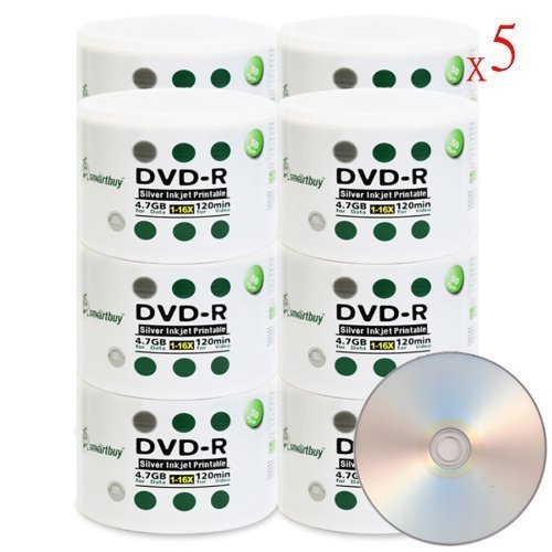 Smartbuy 4.7gb/120min 16x DVD-R Silver Inkjet Hub Printable Blank Media Data Record Disc (3000-Disc)