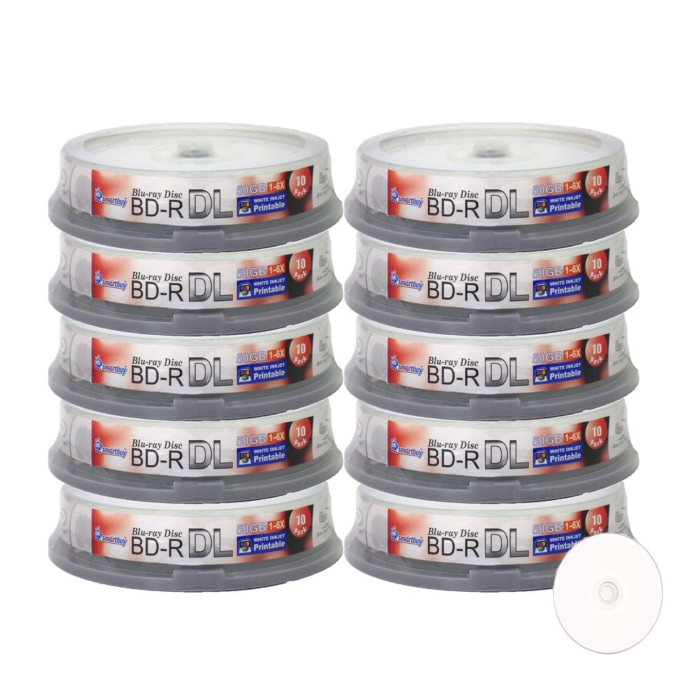 Smartbuy 50gb 6X Blu-ray Bd-r Dl Dual Layer Blank White Inkjet Printable Recordable Media Disc Spindle (100-Disc)
