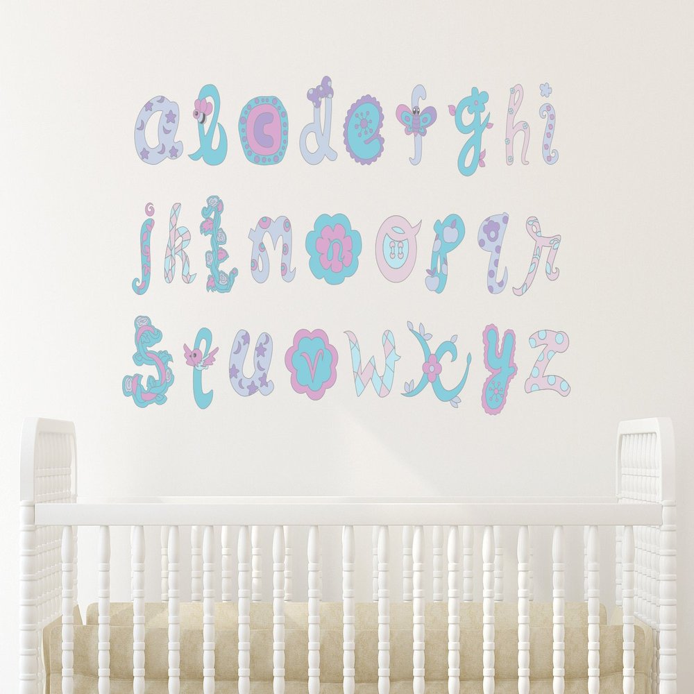 Alphabet Fabric Wall Decals, Script Alphabet in Pink and Purple, Non-Toxic ABC Decals, 3 Color Options Available