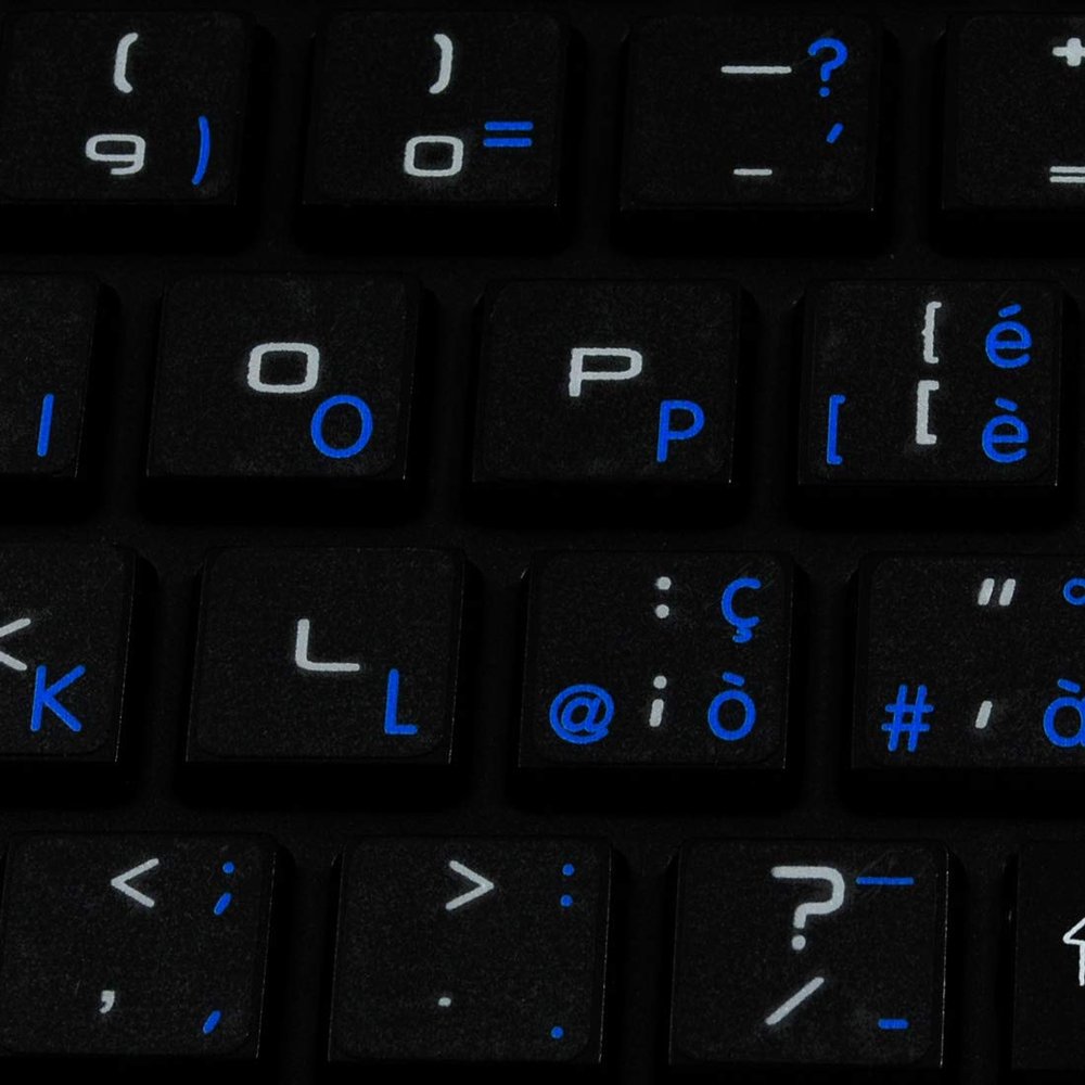 Italian Apple Keyboard Labels Layout with Blue, Orange, RED OR White Lettering ON Transparent Background for Desktop, Laptop and Notebook (Blue)