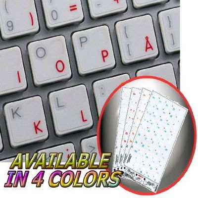 Norwegian Apple Keyboard Labels Layout with Blue, Orange, RED OR White Lettering ON Transparent Background for Desktop, Laptop and Notebook (Red)