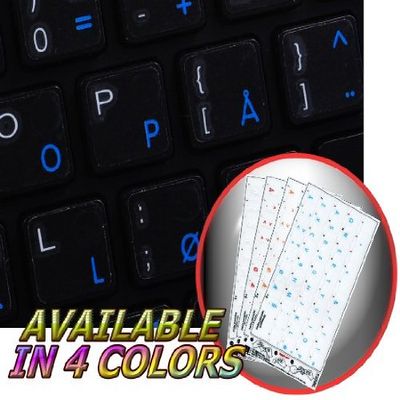 Norwegian Apple Keyboard Labels Layout with Blue, Orange, RED OR White Lettering ON Transparent Background for Desktop, Laptop and Notebook (Blue)