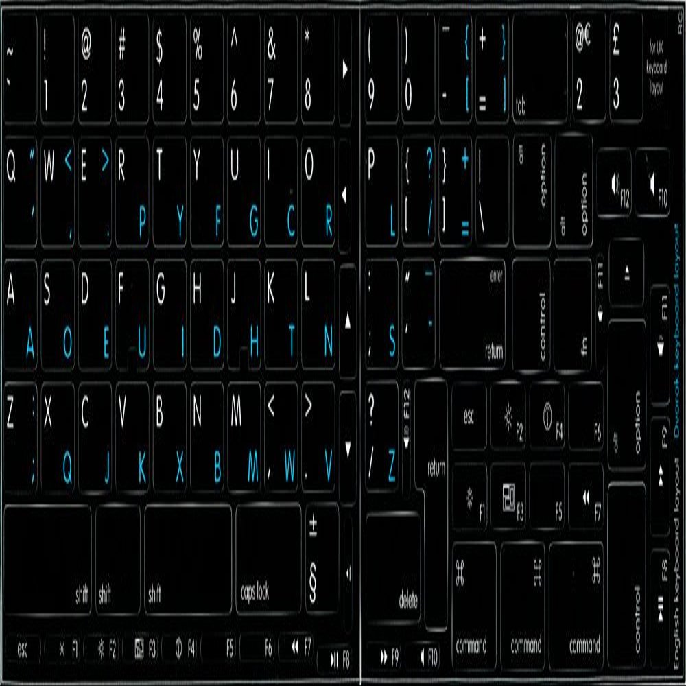 4Keyboard NS DVORAK - ENGLISH NON-TRANSPARENT KEYBOARD LABELS LAYOUT BLACK OR WHITE BACKGROUND FOR DESKTOP, LAPTOP AND NOTEBOOK ARE COMPATIBLE WITH APPLE (Black Background)