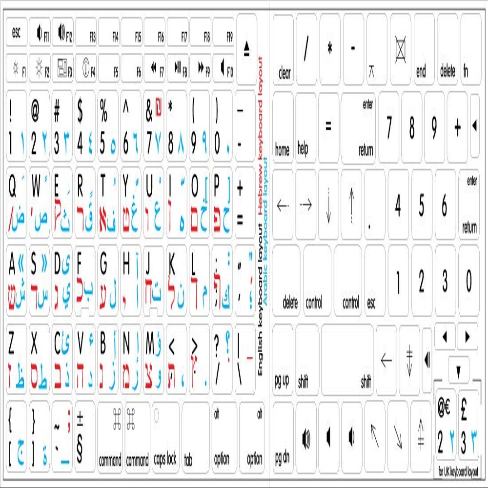 APPLE ARABIC - HEBREW - ENGLISH NON-TRANSPARENT KEYBOARD DECALS BLACK OR WHITE BACKGROUND for DESKTOP, LAPTOP and NOTEBOOK (CG) (White Background)