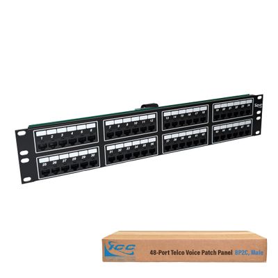 ICC Voice 8P2C Telco Patch Panel with 48 Ports, Rear Male Telco/Amphenol Connector, 2 RMS, 19-Inch Rack-Mounted Patch Panel for Telephone, PBX, IP Phone Systems and LANs