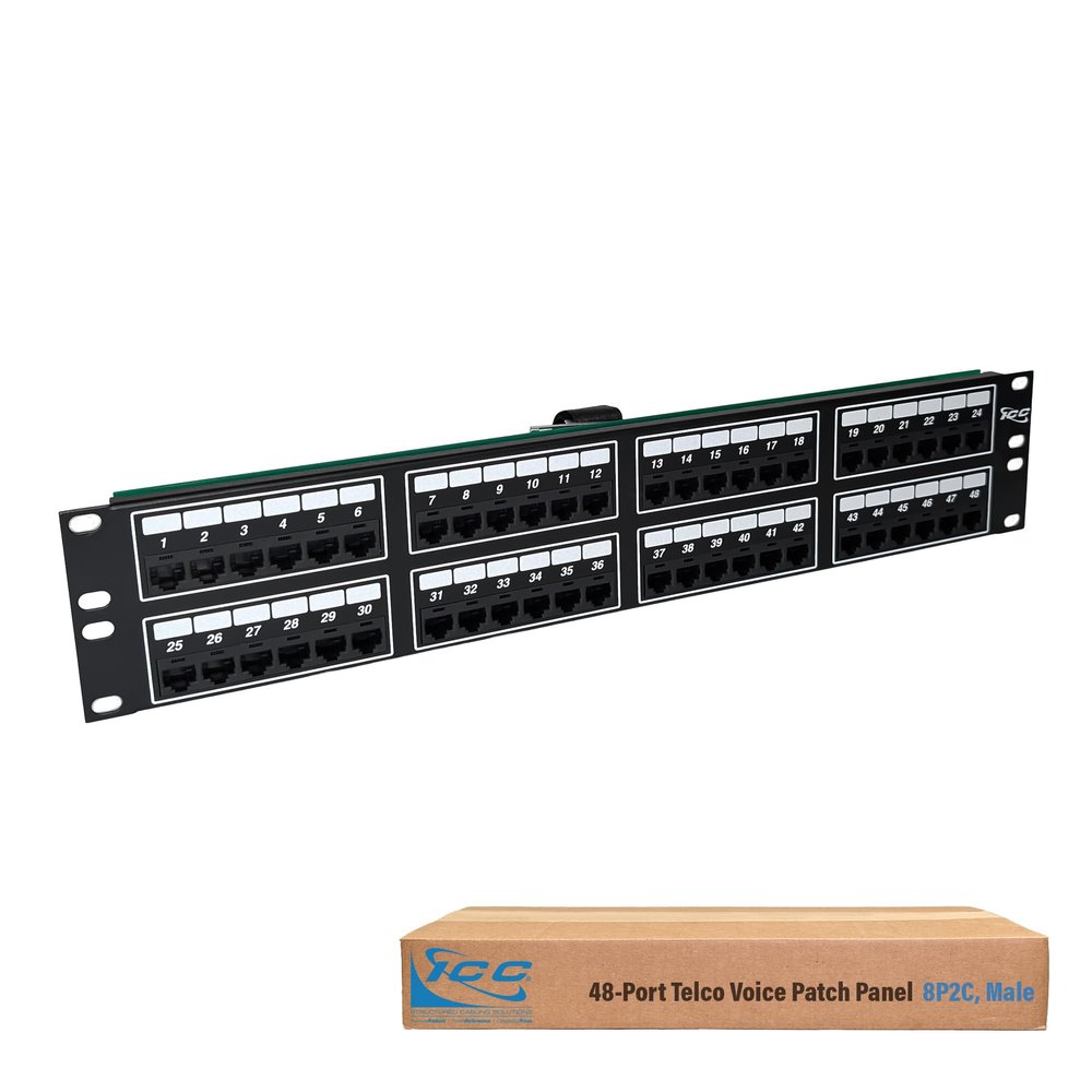 ICC Voice 8P2C Telco Patch Panel with 48 Ports, Rear Male Telco/Amphenol Connector, 2 RMS, 19-Inch Rack-Mounted Patch Panel for Telephone, PBX, IP Phone Systems and LANs