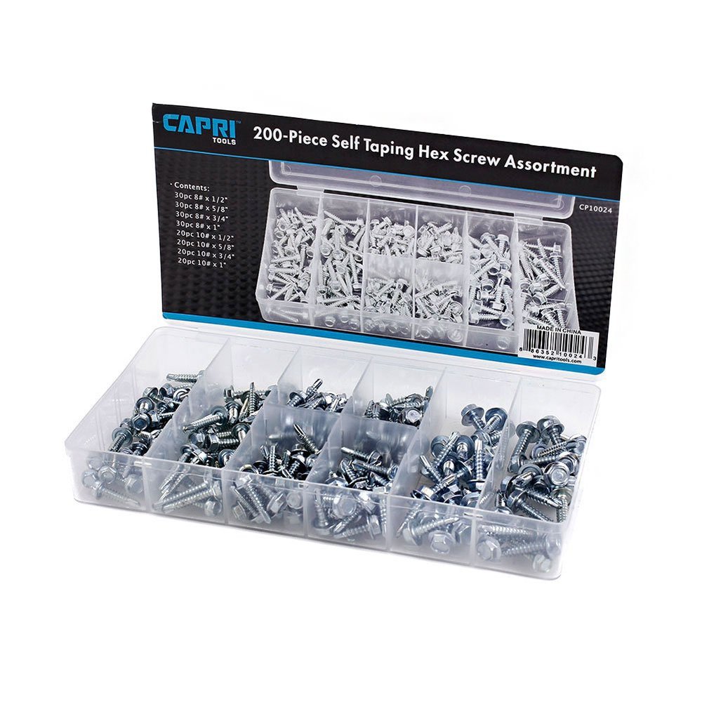 Capri Tools 10024 Hex Self Tapping Screw Assortment, 200-Piece, Silver, Model Number: CP10024